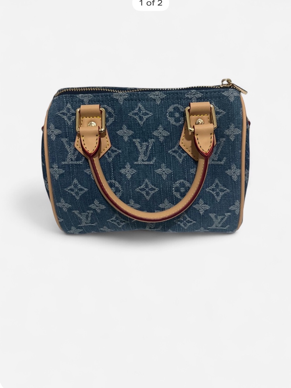 Denim-Print Mini Satchel with Tan Trim